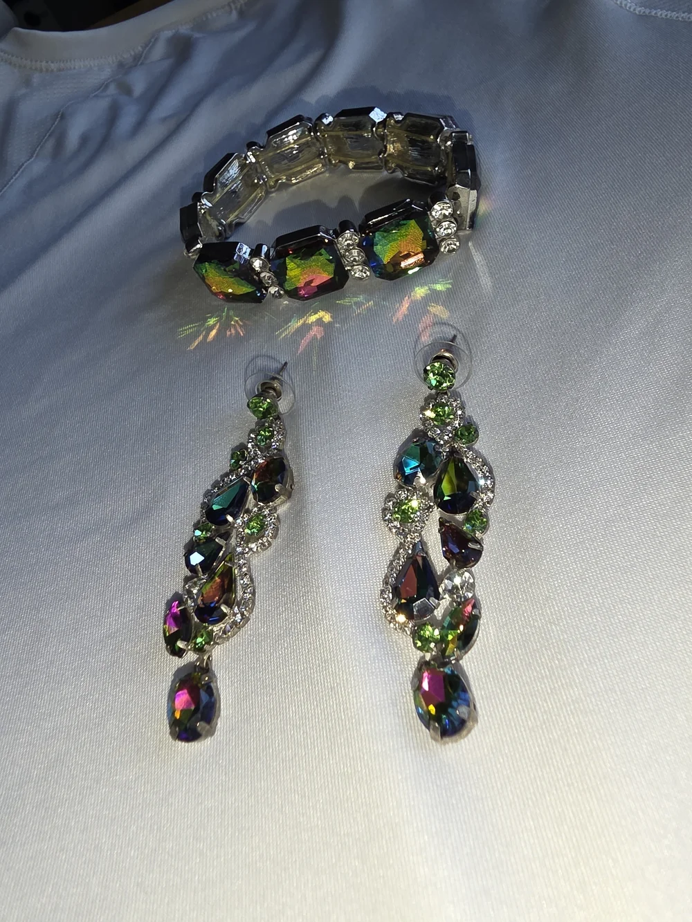 Multicolor Iridescent Crystal Stretch Bracelet & Drop Earrings Set